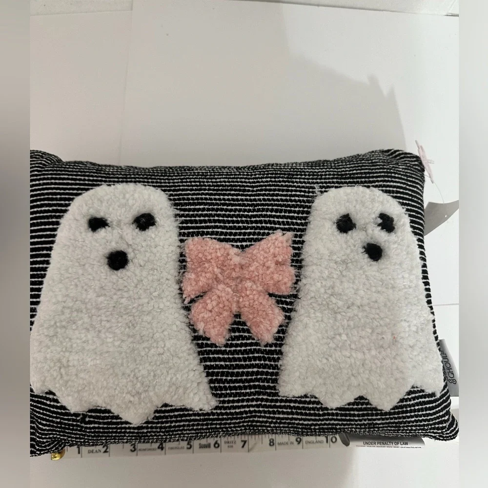 NWT Goblin & Ghoul Ghost Bow Black White Striped Decorative Throw Pillow Kitchy